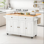 JassmiPkwy 59’’ Rolling Kitchen Island Cart with Drop Leaf and Power Outlet, Movable Kitchen Islands with 3-Tier Door Storage Shelf, Island Table on Wheels, 2 Large Drawers, Towel Racks, White