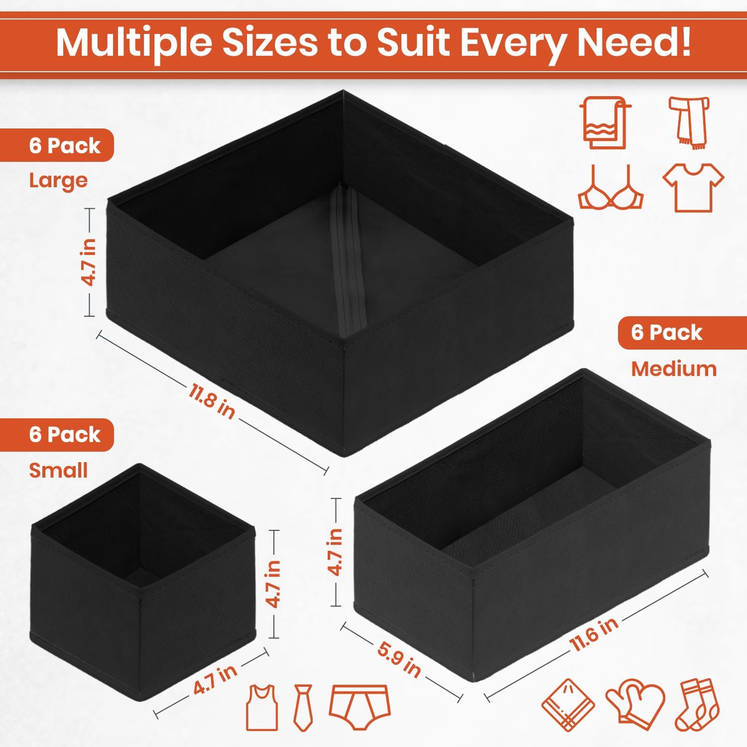 RFAQK 18 Pack Drawer Organizer Clothes-3 Sizes (L, M, S) Baby Dresser Organizer for Storage Closet-Foldable Fabric Baby Clothes Organizer for Bedroom, Bins, Bra, Socks, Belt, Tie-Black