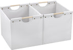 HOONEX Large Collapsible Storage Bins, Linen Fabric, Pack of 2, Storage Baskets with Wooden Carry Handles and Sturdy Heavy Cardboard, for Home, Office, Car, Nursery, White