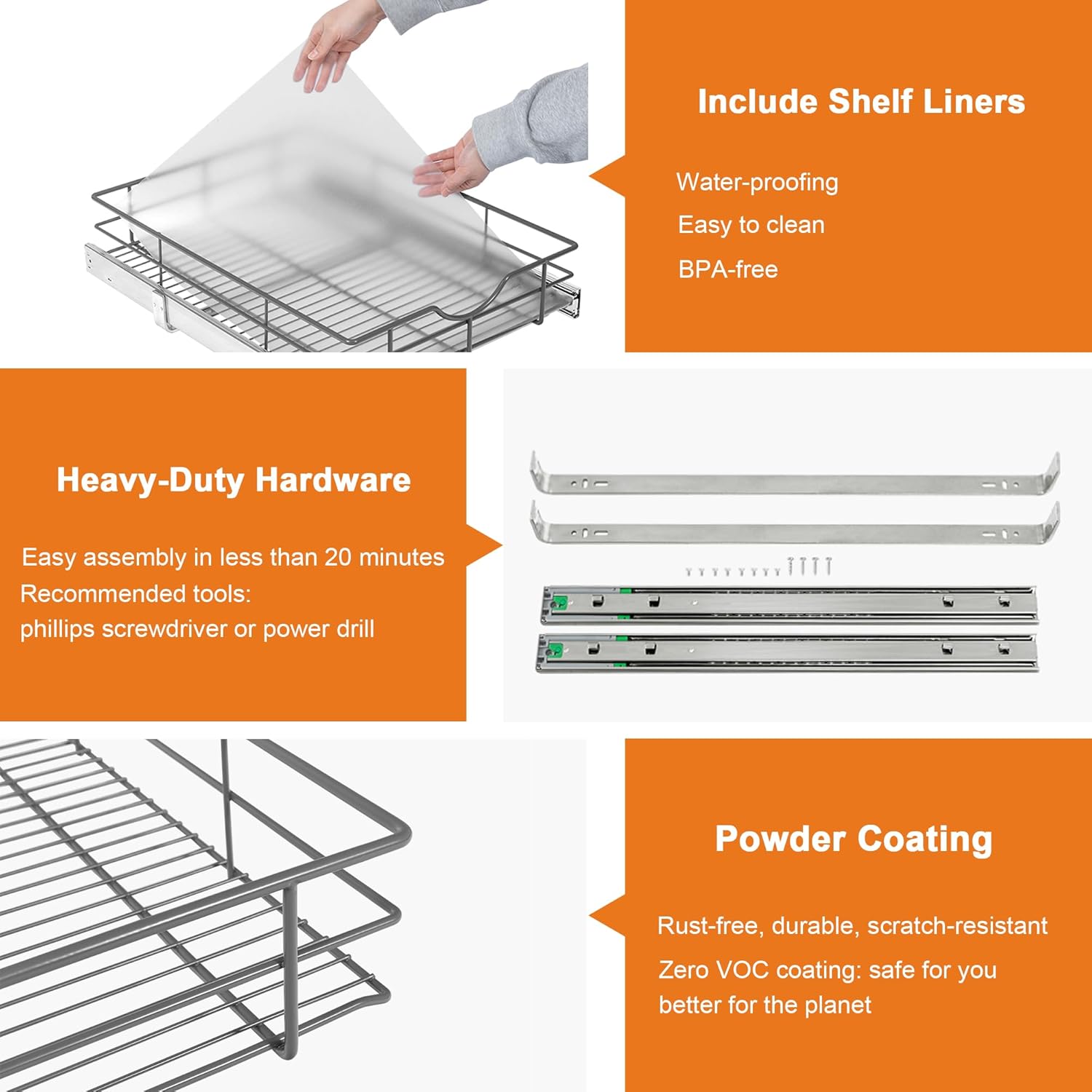 ALINE FURNITURE Pull Out Shelves - 14" W x 22" D Soft Close Pull Out Cabinet Organizer 1 Tier - Slide Out Drawers with Shelf Liner, Heavy Duty Steel Wire Baskets for Kitchen Cabinets, Pantry, Bathroom
