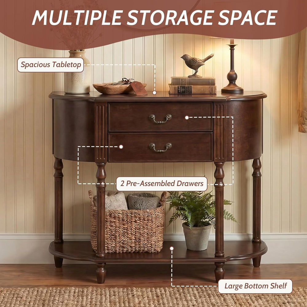 LKTART 43.3" Solid Wood Vintage Curved Console Table, Half Moon Sofa Tab...