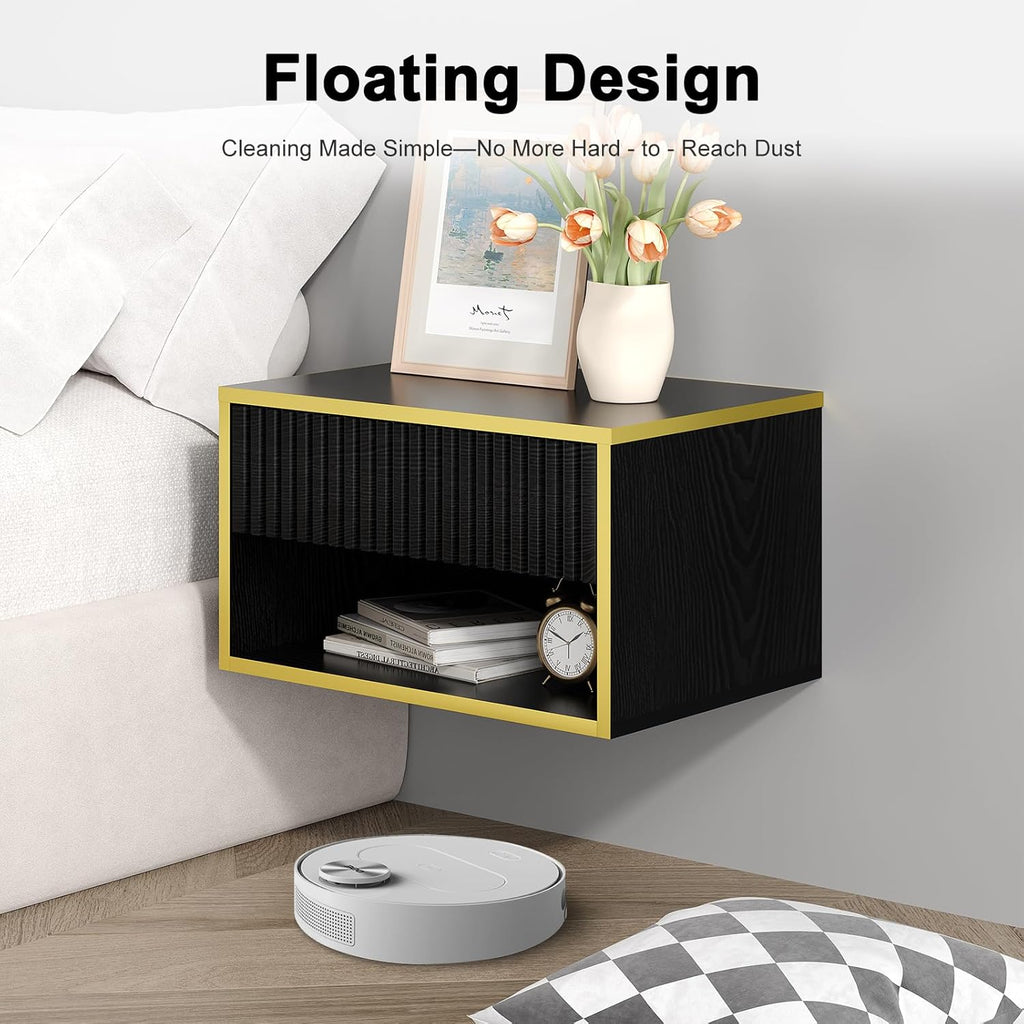 4ever2buy Floating Nightstand with Fluted Drawer, Modern Wall Mounted Nightstand with Open Shelf, Black and Gold Night Stand for Bedroom, Black