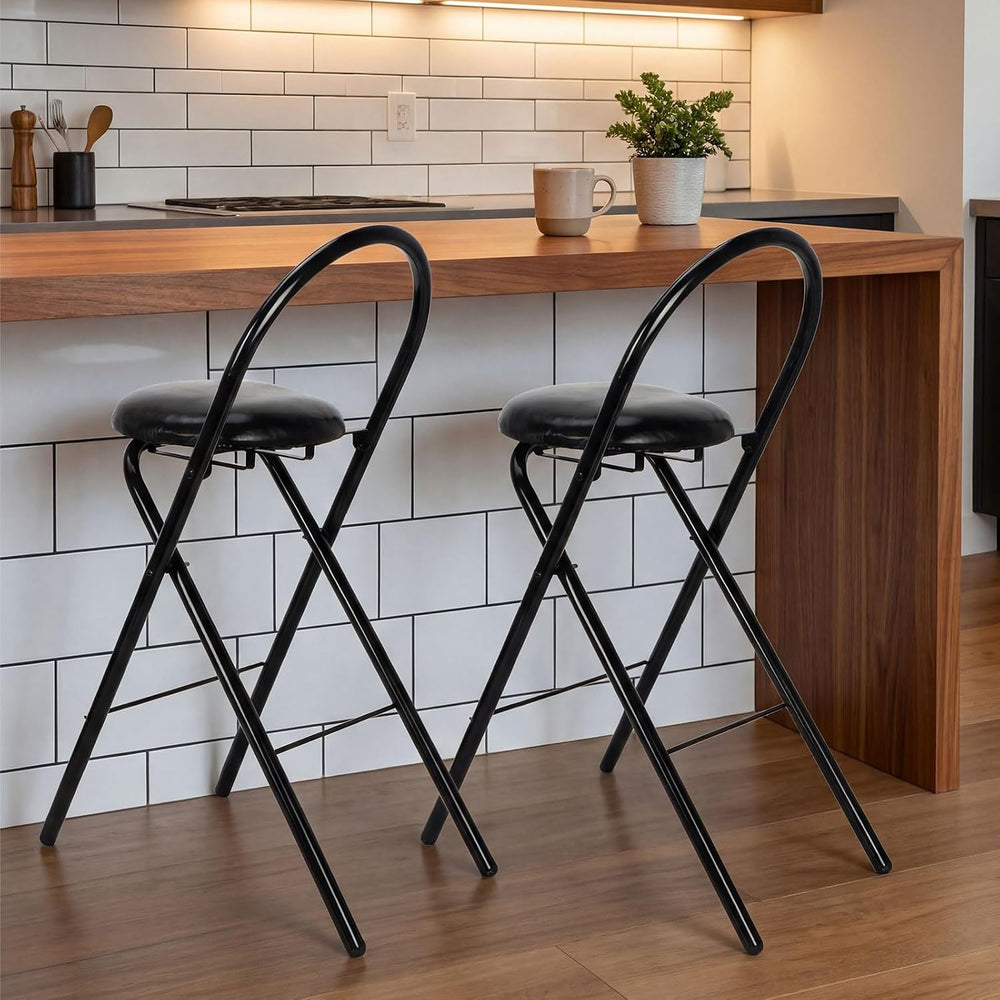 CroBlissful 4 Pcs 24 Inch Folding Bar Stool with Backrest, Leather Padded Fol...