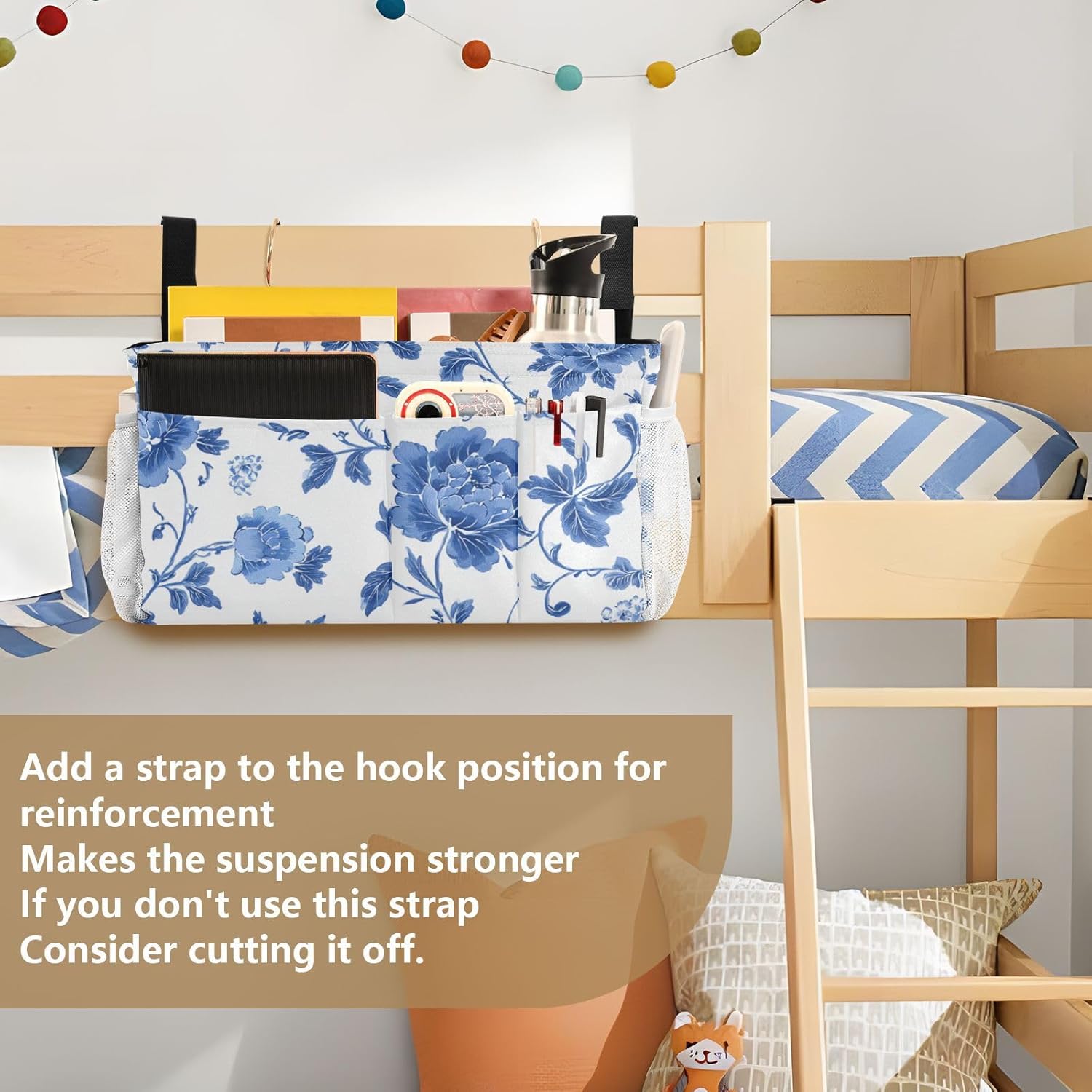 Flowers Blue and White Pattern Bedside Caddy for Dorm Bed Bedside Hanging Caddy Bag Iron Frame Storage Organizer Pocket for Bunk Home College Hospital Beds 2 Hooks