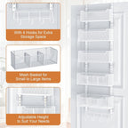Over The Door Organizer, Metal Door Organizer Hanging with 5 Adjustable Baskets and Coat Hook, Behind The Door Storage for Bedroom Closet Bathroom Pantry Cabinet Kitchen, White