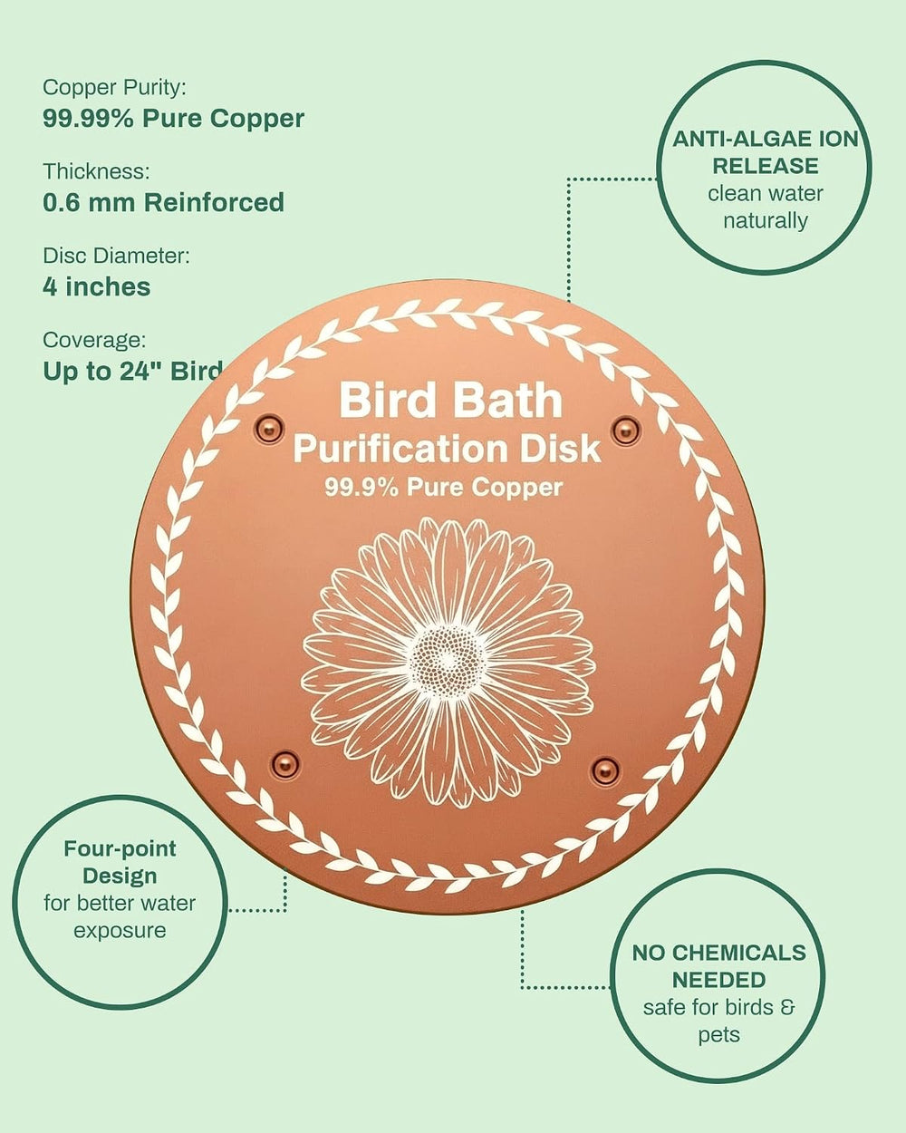OICEME Bird Bath Purification Disk Pure Copper Backyard Outside Solar Power W...