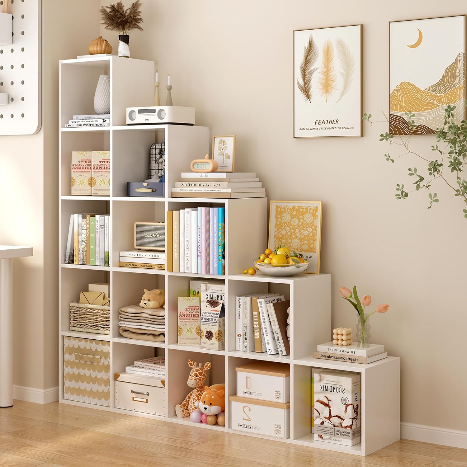 Ladder Cube Storage Bookcase - Wooden L-Shaped 5-Tier Corner Shelf, Reversible 15-Cube Organizer for Home & Office, White