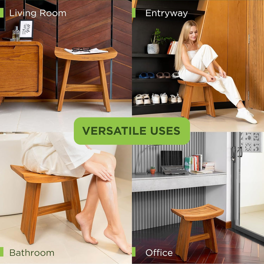 Premium 18" Teak Shower Stool, Non-Slip Safety, 1-Tier Curved