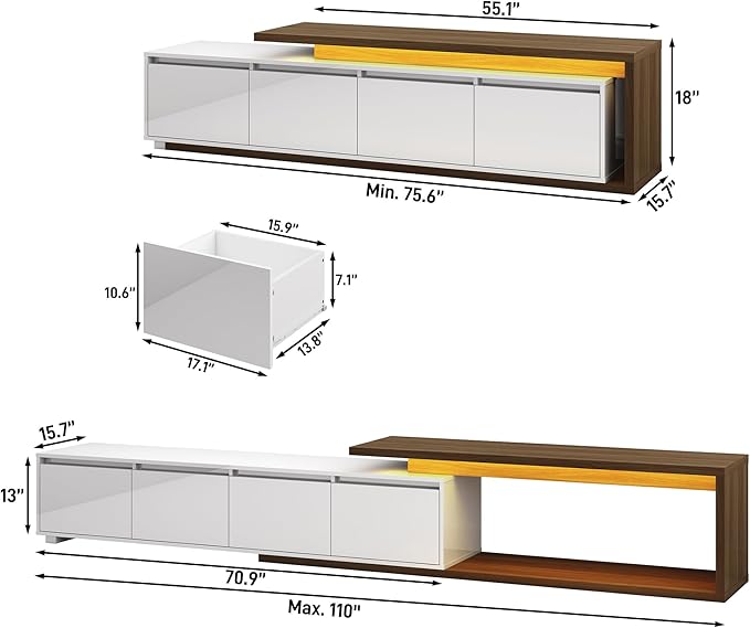 Extendable TV Stand with LED Light, Modern Entertainment Center for up to 120 Inch TV, Wood TV Media Console with 2 Drawers & 2 Cabinets for Living Room Bedroom, 75"-110", High Gloss White & Walnut