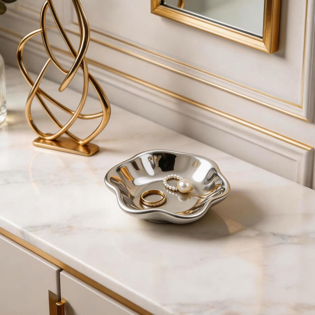 Ceramic Lotus Leaf Trinket Dish, Ring Holder for Jewelry | Keeps earrings, necklaces, keys, and keepsakes handy on vanities or nightstands, a sweet gift for moms, sisters, and friends