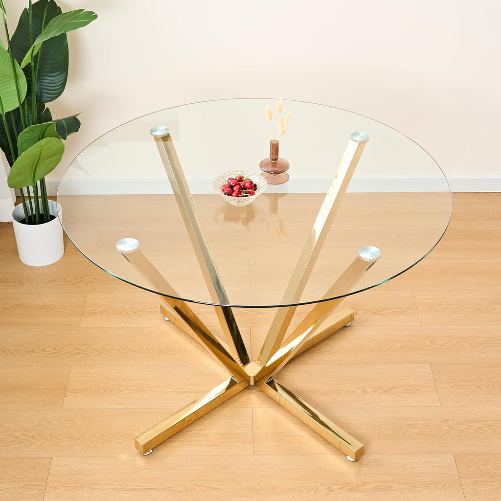HomVent Round Glass Dining Table Set for 4,Circle Glass Kitchen Table Set | 45'' Small Dining Room Set Glass Dinner Table Set with 4 Velvet Dining Chair for Kitchen Dining Room Family Gathering