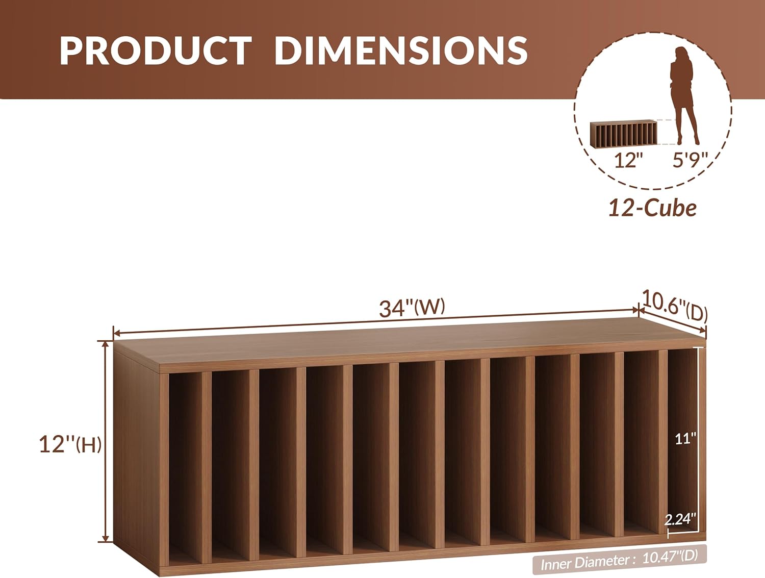 IOTXY DIY Modular Cube Bookcase - CubeXY Customizable Stackable Expandable Basic Shelving Units, 12-Cube Wooden Open Bookshelf with Removable Shelves for Vinyl Record Storage Organizer, Walnut