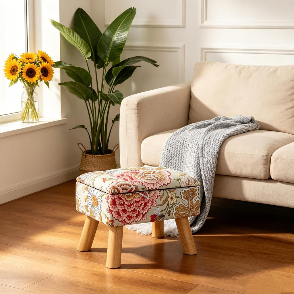 ETELI Small Foot Stool Ottoman with Storage Versatile Square Storage Ottoman Boho Foot Rest with Sturdy Wood Legs Floral Footstools and Ottomans for Living Room Bedroom and Enterway