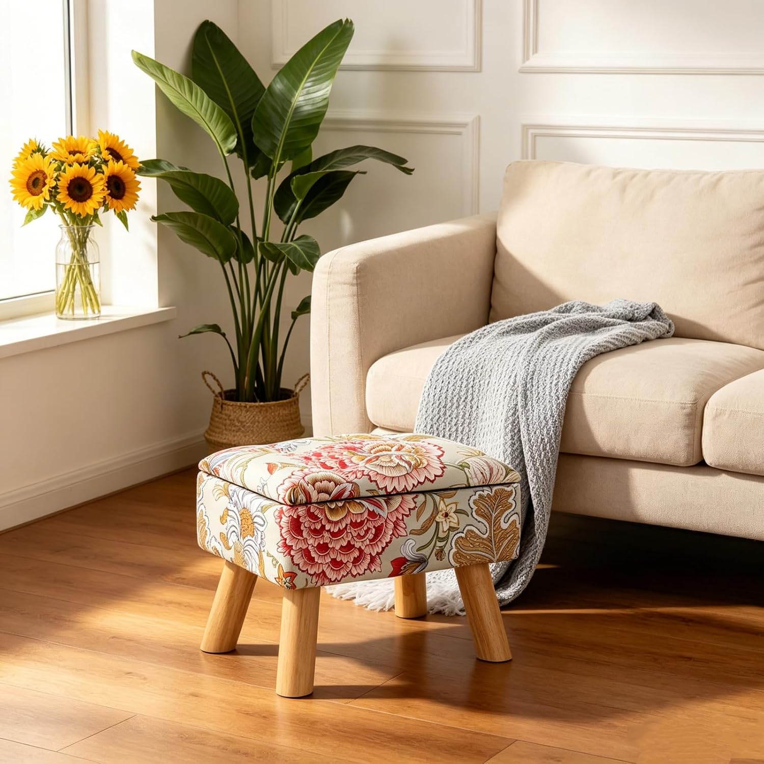 ETELI Small Foot Stool Ottoman with Storage Versatile Square Storage Ottoman Boho Foot Rest with Sturdy Wood Legs Floral Footstools and Ottomans for Living Room Bedroom and Enterway