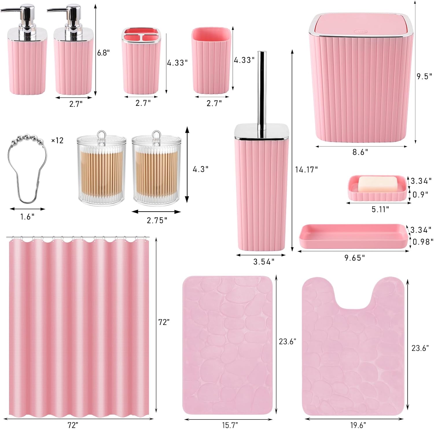 Bathroom Set with Shower Curtain and Rugs- 25PC Pink Bathroom Accessories, Shower Curtain Set, Toilet Brush, Trash Can, Qtip Holder Dispenser & Soap Dispenser