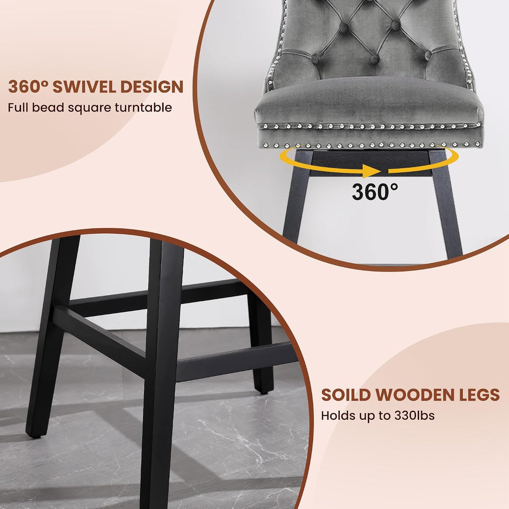 Swivel Bar Stools Set of 2, 26" Counter Height, Grey