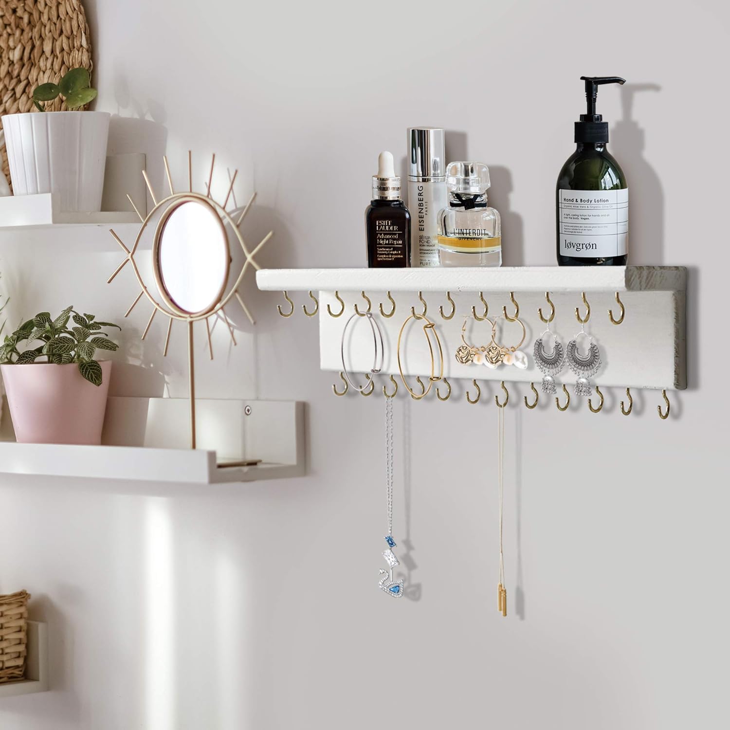 SANY DAYO HOME Jewelry Organizer with 30 Hooks and Cosmetics Shelf, 15 x 3 x 4 inches Wall Mounted Rustic Pine Wood Holder for Necklaces and Bracelets, Suitable for Kids and Adults (Retro White)