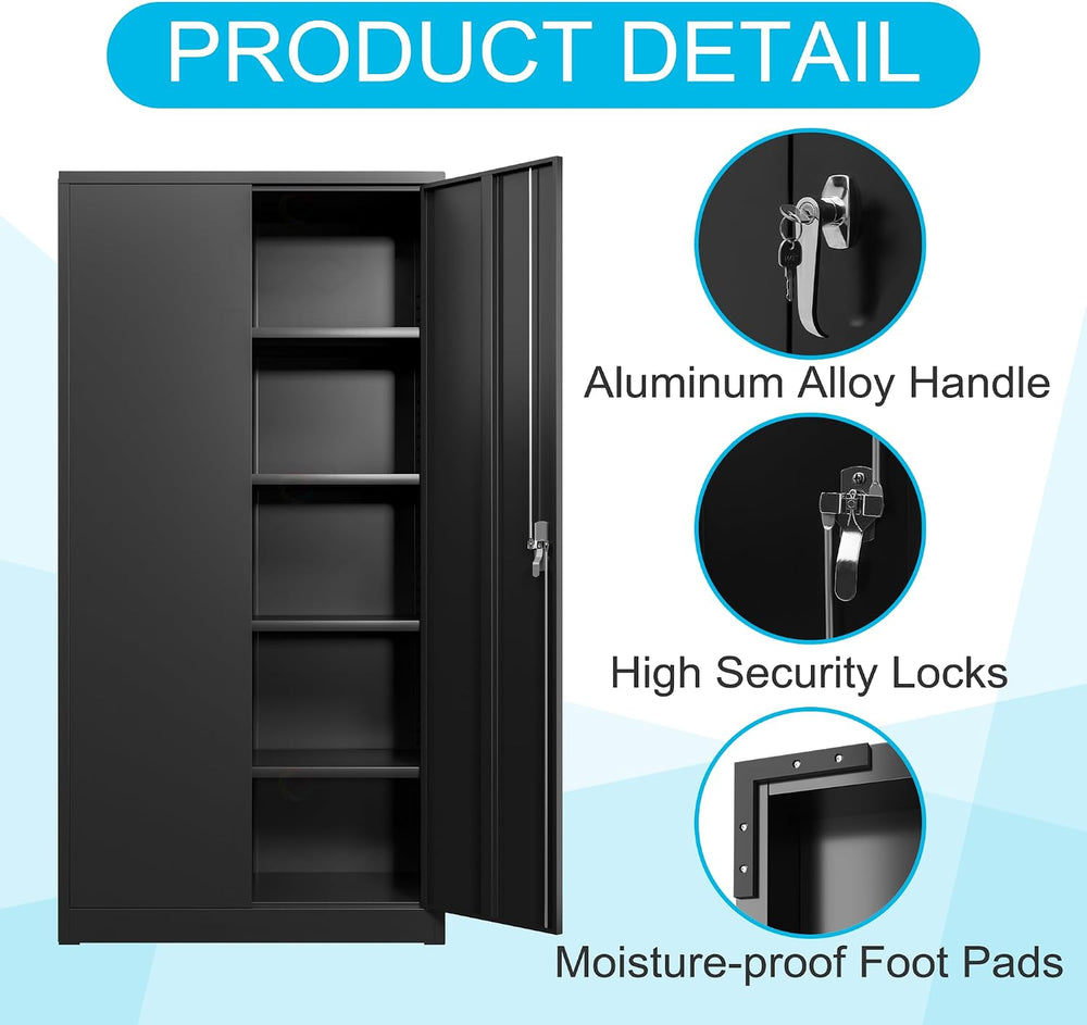 Black Iron Metal Lockable Storage Cabinet - Durable Home Office Garage Organi...