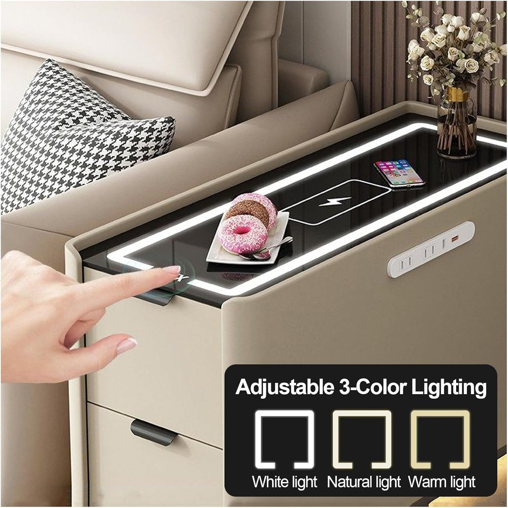 Smart Sofa Side Table with USB Charging Ports, 2 Drawers Storage, Tempered Gl...