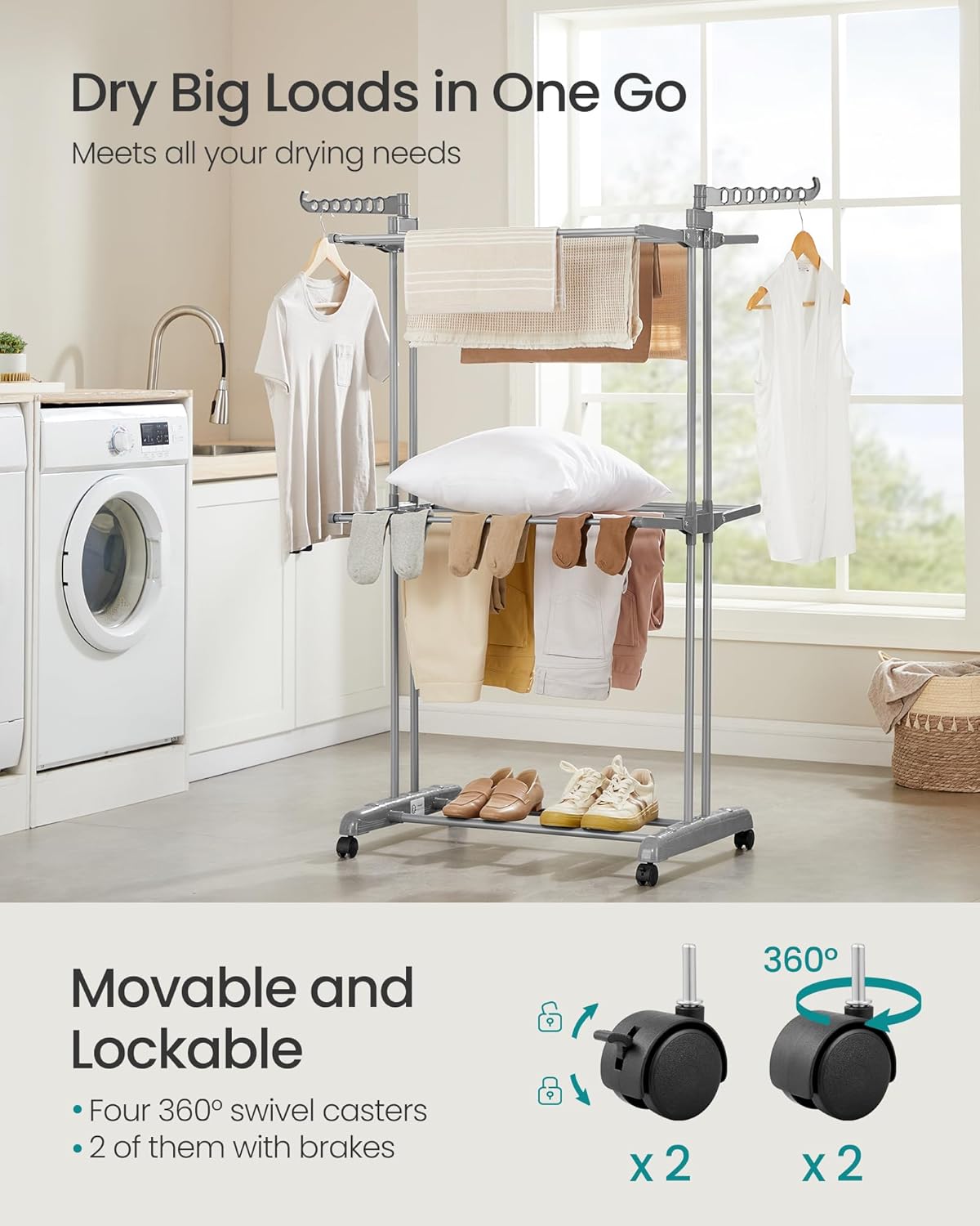 SONGMICS Clothes Drying Rack 3-Tier, Foldable Laundry Drying Rack 58.3-Inch Tall, Stainless Steel, Rolling Clothes Horses, Clothes Airer, Indoor Outdoor Use, Dove Gray ULLR702G01