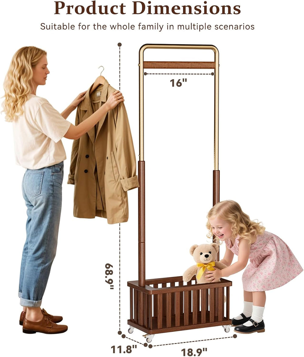 Taitiy Freestanding Solid Wood Coat Rack with Wheels for Hanging Clothes