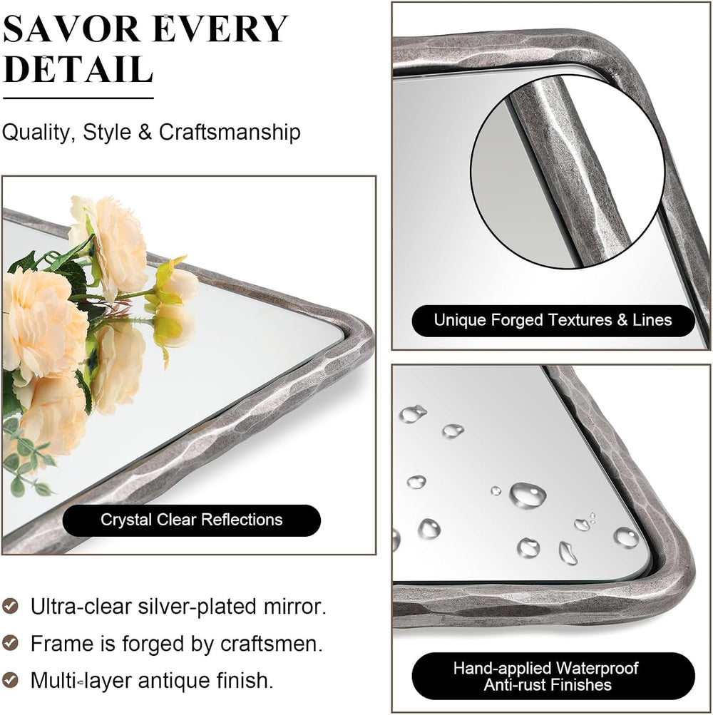 ANDY STAR Hand-Forged Silver Bathroom Mirror for Wall, 24x36 Inch Luxury Soli...
