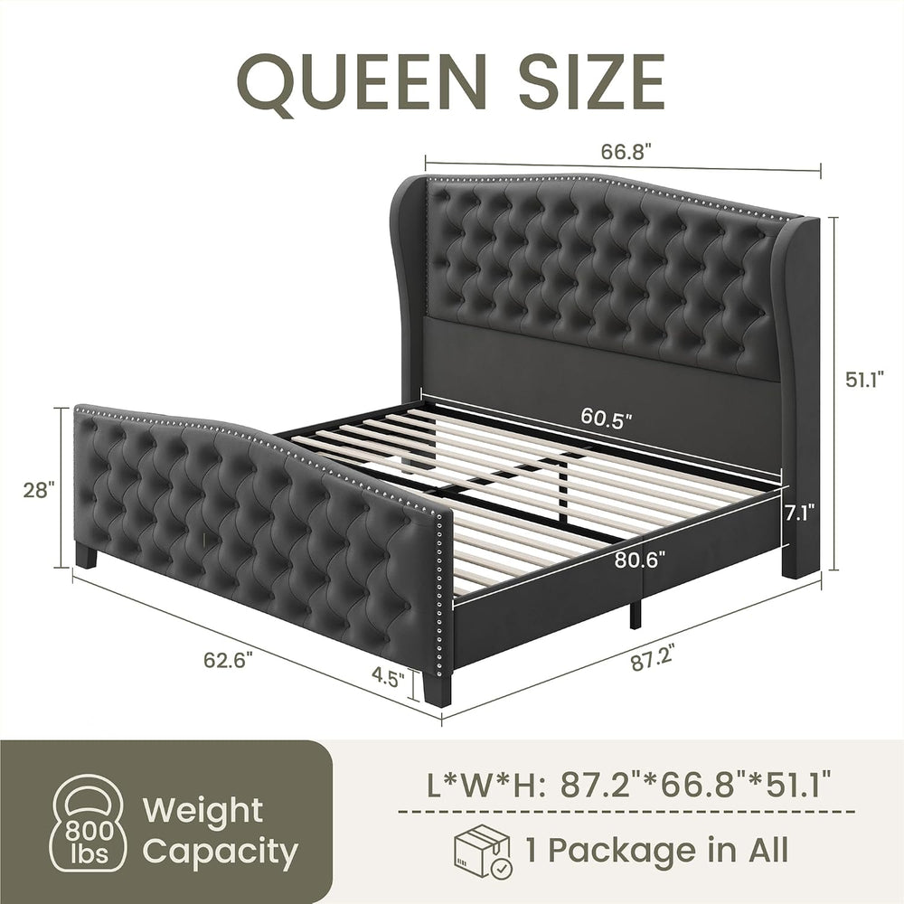 LARMACE Queen Size Bed Frame Velvet Upholstered Platform Bed with Wingback He...