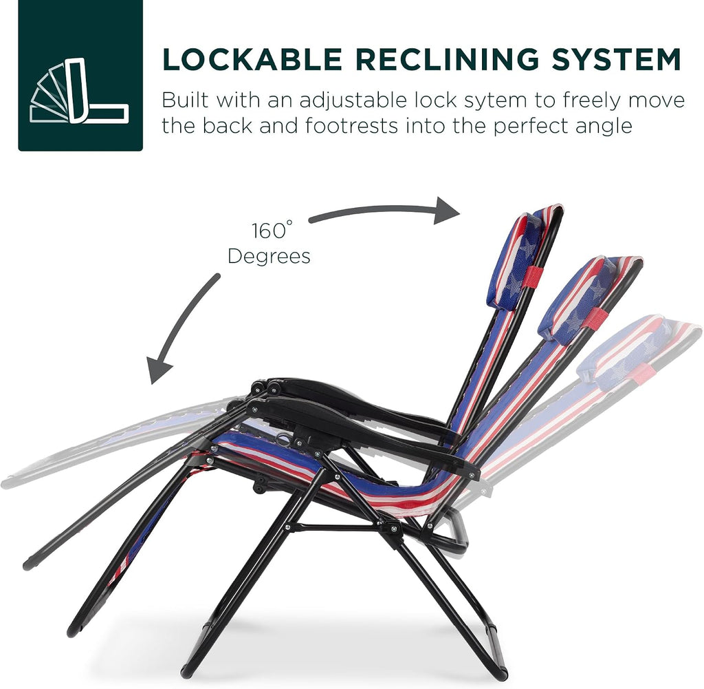 Best Choice Products Oversized Zero Gravity Chair, Folding Outdoor Patio Lounge Recliner w/Cup Holder Accessory Tray, Pillow - American Flag