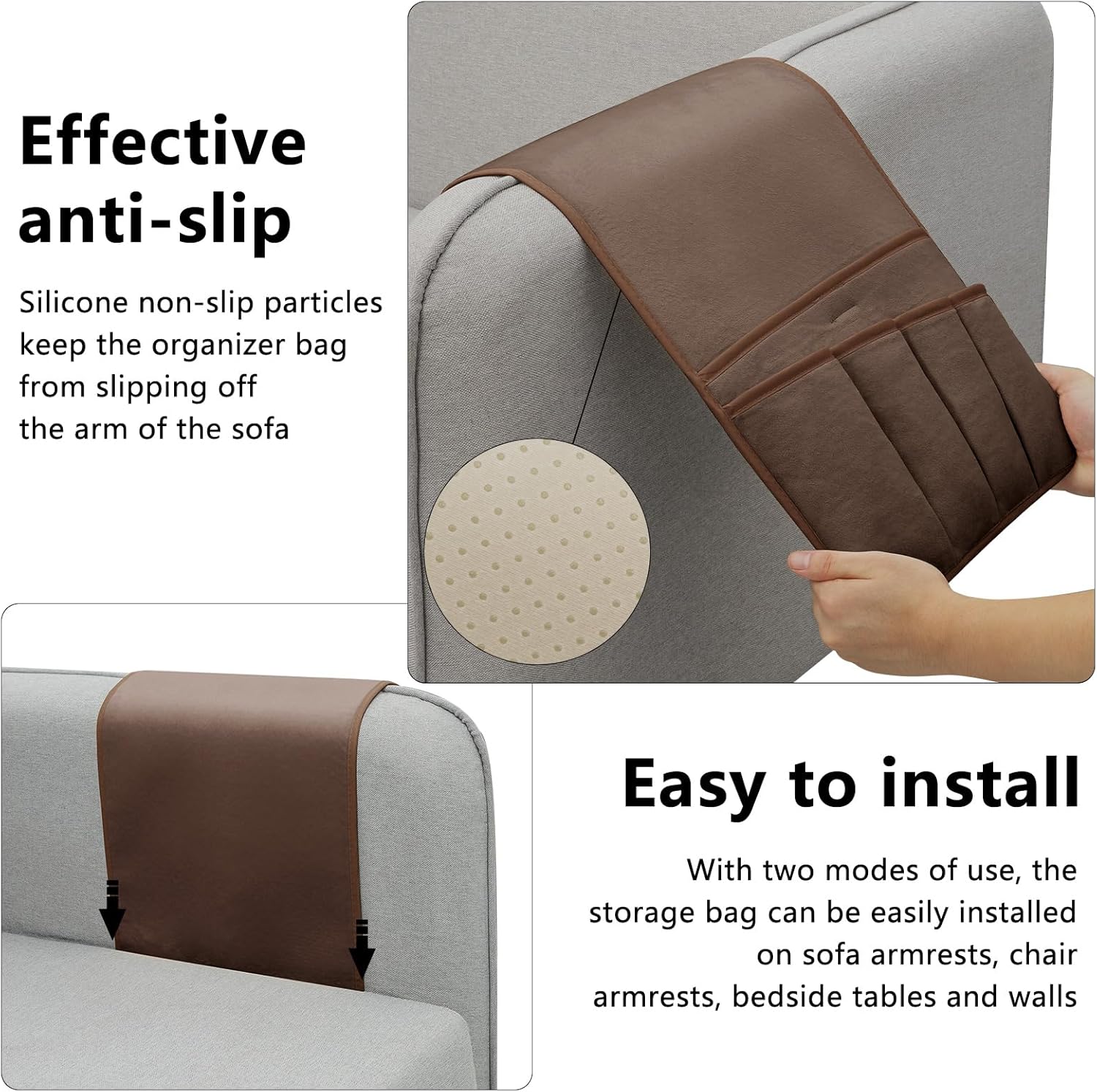 Remote Control Holder for Armchair, Couch Caddy Organizer TV Remote Holder for Bed Storage 5 Pockets, Remote Caddy Bedside Organizer Bedside Table Organizer (Brown, 35"x12.4")