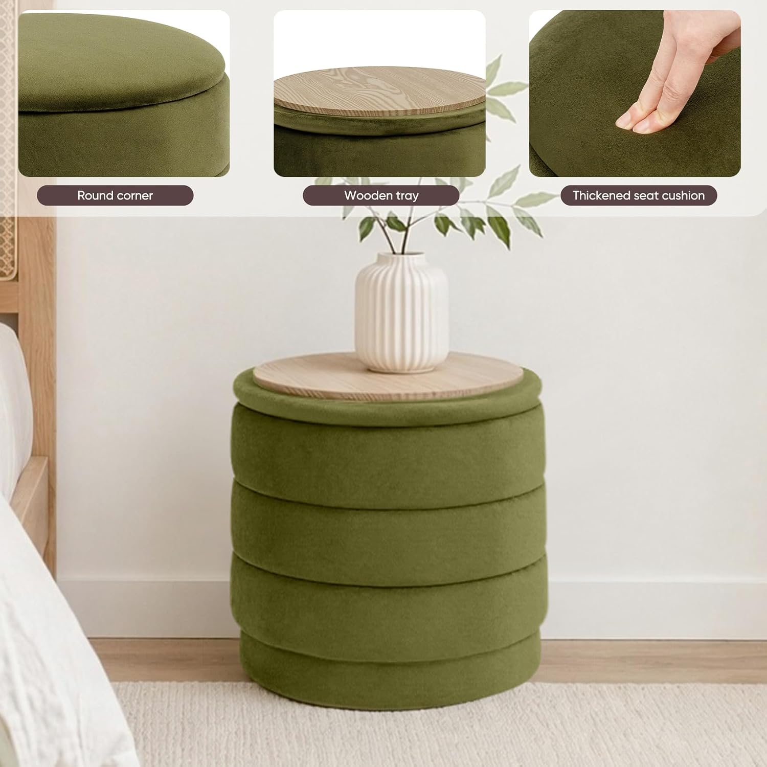 15 Inch Round Velvet Storage Ottoman, Upholstered Foldable Foot Rest Stool with Tray, Small Coffee Table for Bedroom Living Room