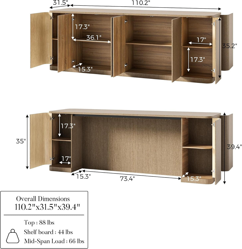 Homsee 110-Inch Large Kitchen Island with Seating & Storage, 8-Door Wood Island Prep Table in Oak Veneer, Curved Design Stationary Kitchen Islands w/Storage Shelves for Dining, Wood Grain