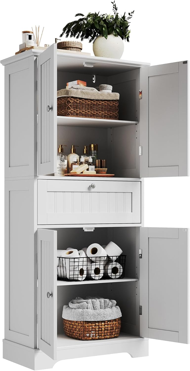 ChooChoo 51" H Bathroom Floor Cabinet with Drawers and Adjustable Shelve...