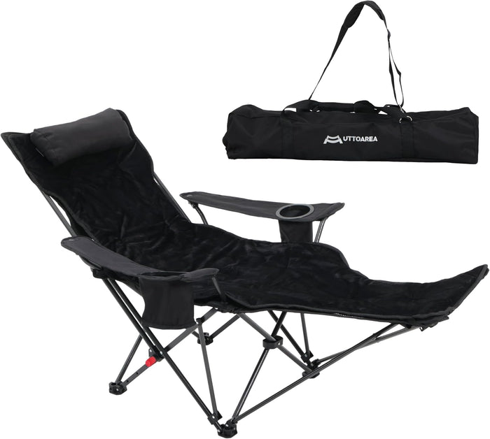 Portable Reclining Camping/Lounge Chair for Outdoor (1, Black) | Soft Cushion, 4-Position Backrest, Removable Footrest, Cup Holder & Versatile Carry Bag