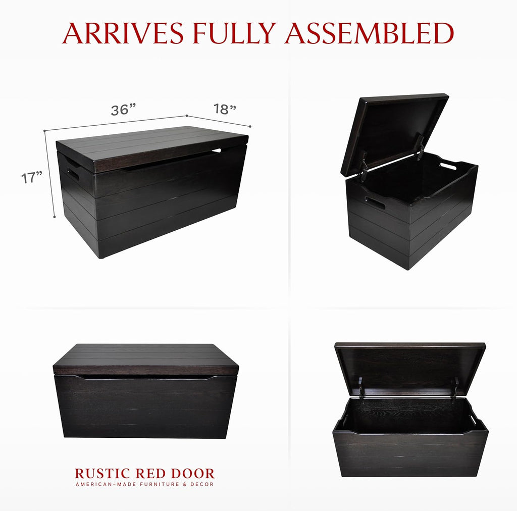 Amish Made Wooden Storage Chest Trunk Box with Lid and Handles for Bedroolanket, Clothes, Anti-Slam Hinges, Handmade, Rustic, Oak Wood, Onyx Stain, 36"