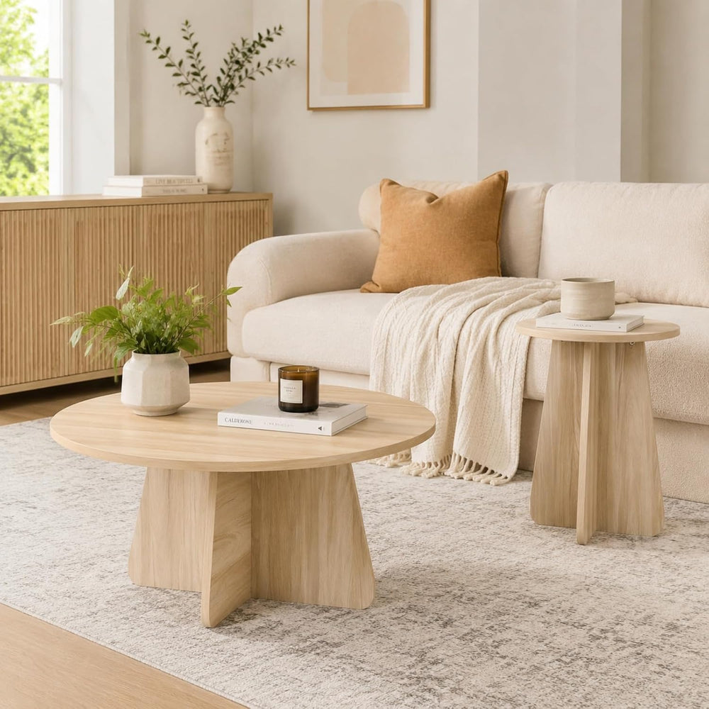 Round Wooden Coffee & Side Tables with Tapered Base, Wood | Nesting Coffe...