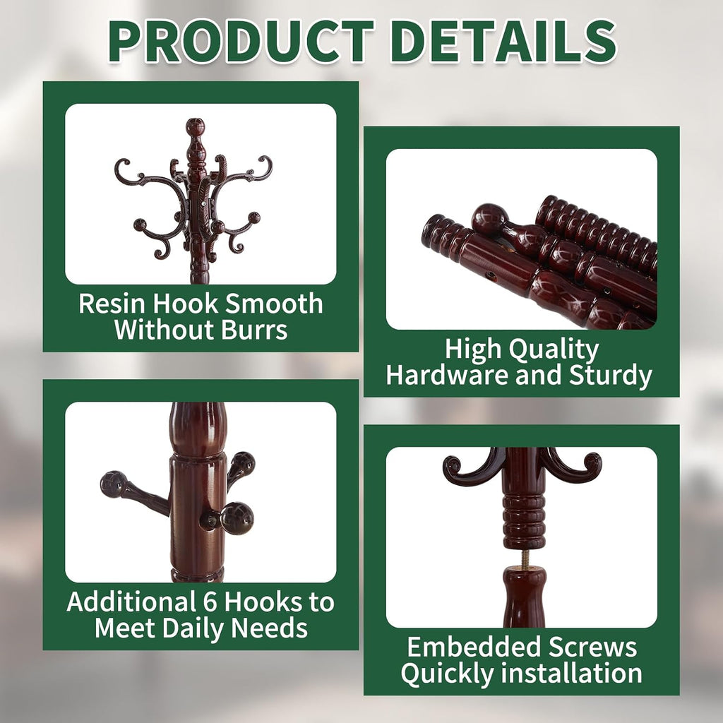 OIRUMIE Wood Coat Rack Stand, Wooden Coat Rack Freestanding with Sturdy Round Base, Vintage Coat Racks with 14 Hooks, Natural Birch Wood Entryway Coat Tree Hanger Stand Easy to Assemble