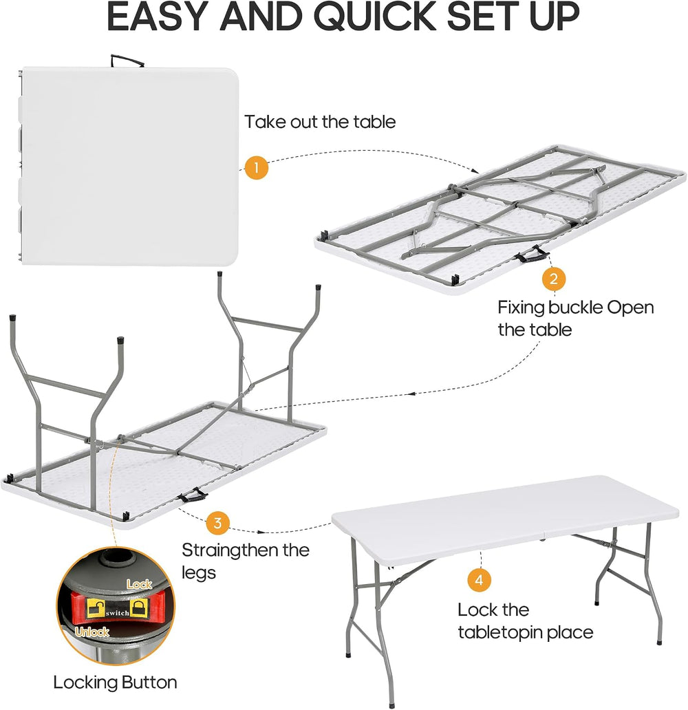 6ft Folding Table Heavy Duty 350 LBS Capacity Foldable Table with 18% Thicker...