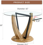 JUFU 42 Inch Round Glass Dining Table for 4, Modern Kitchen Table with Wood Pedestal Base, Small Dining Room Table for Apartment, Breakfast Nook, Living Room, Table Only