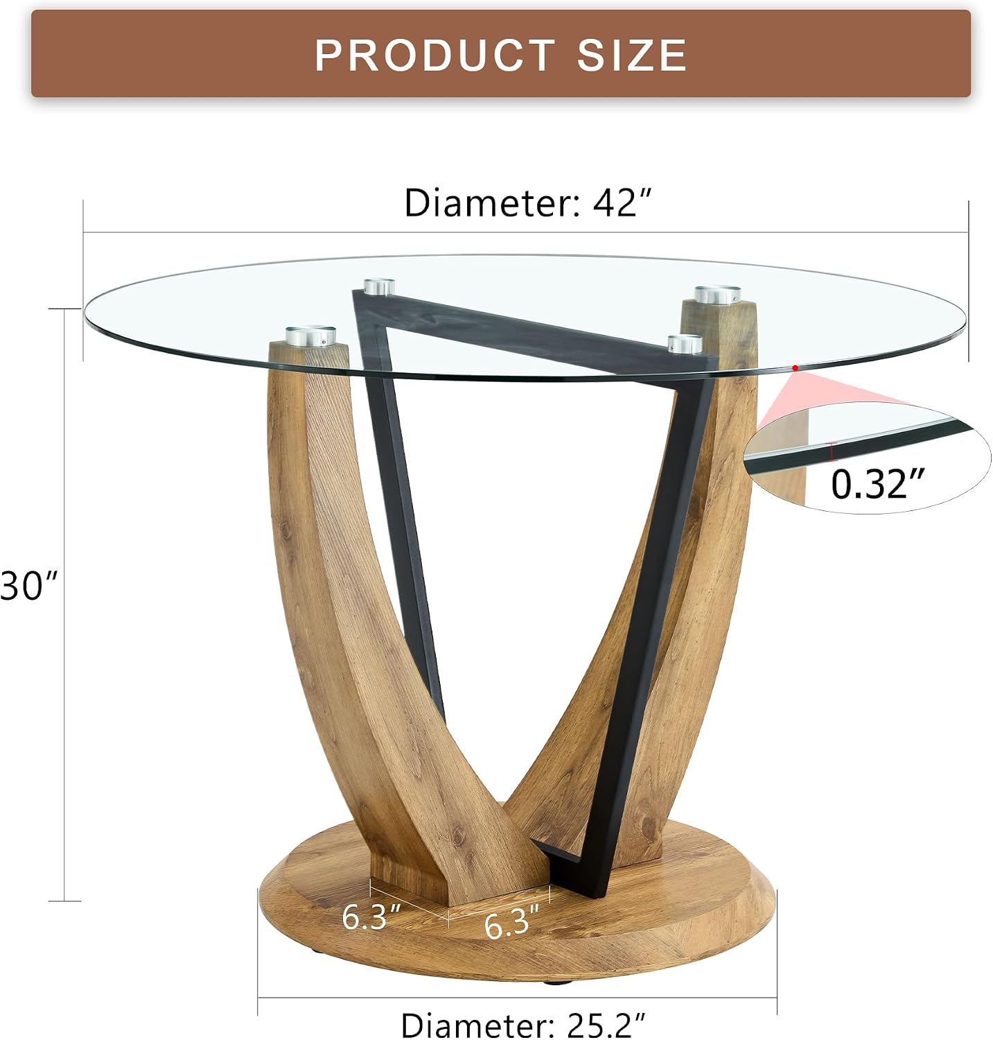 JUFU 42 Inch Round Glass Dining Table for 4, Modern Kitchen Table with Wood Pedestal Base, Small Dining Room Table for Apartment, Breakfast Nook, Living Room, Table Only