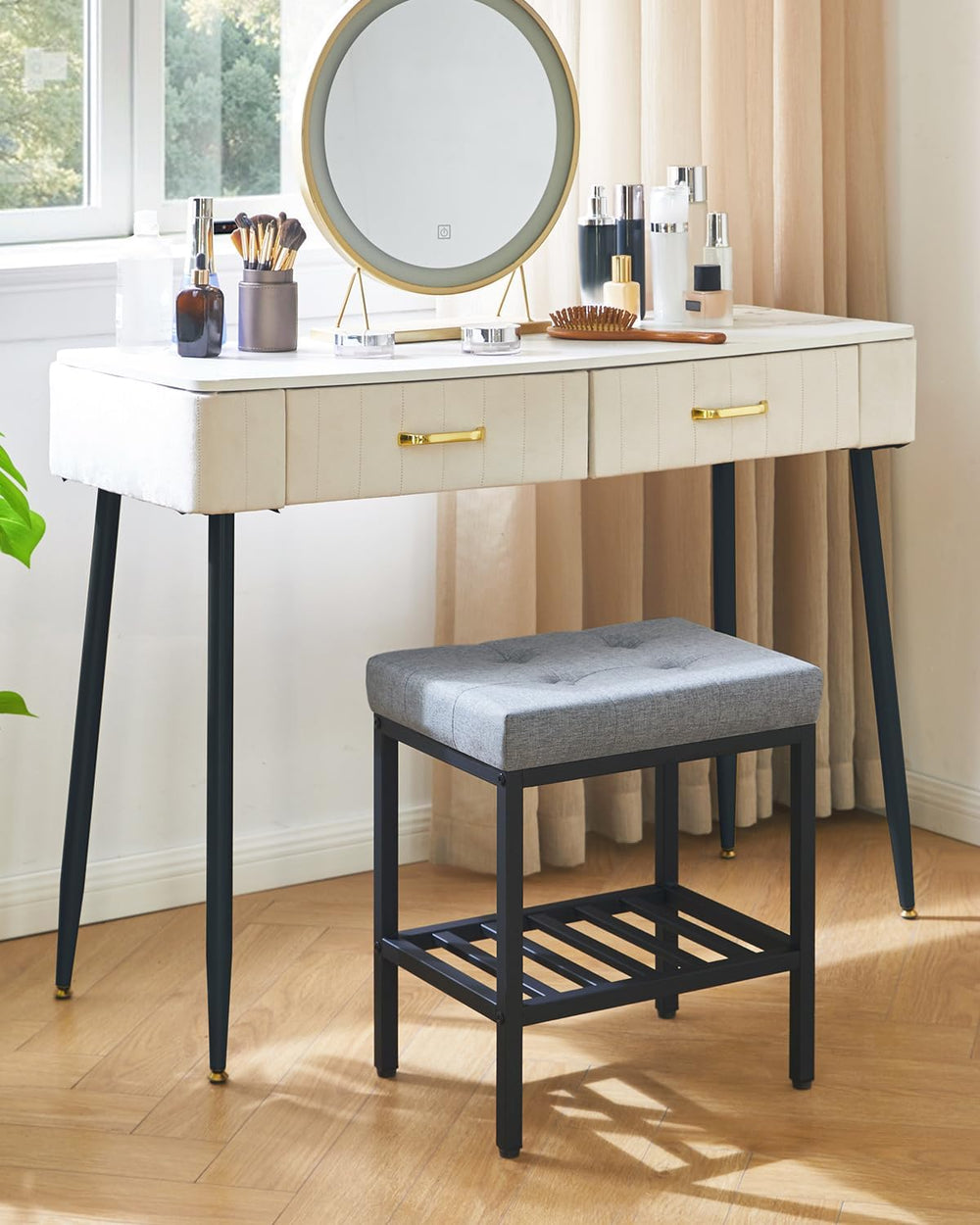 IBUYKE Rectangular Makeup Stool with Adjustable Feet and Storage Space, Footr...