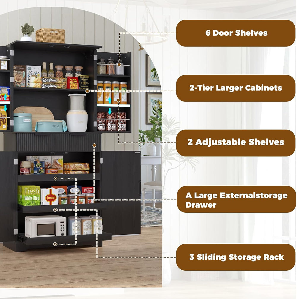 72” Kitchen Pantry Cabinet, Fluted Kitchen Cupboard with Doors and Large Draw...