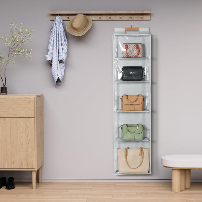 Syeeiex Hanging Handbag Purse Organizer with Zippers, 5 Mesh Shelves, Grey | PVC Hanging Closet Bag Organizer, Dustproof Handbag Tote Storage Bag for Door, Wardrobe and Shelf Rack