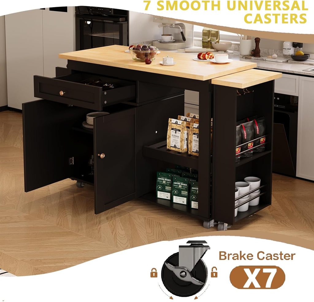 81.5" Kitchen Island with Extendable Dining Table, Rolling Kitchen Cart on Wheels with Spice Rack, Drawer and Door Cabinet for Dining Room, Black