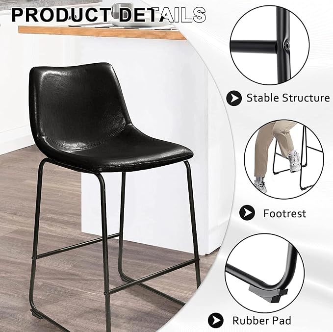 LEMBERI 26 inch Bar Stools Set of 4, Modern Counter Height Bar Stools, Faux Leather Barstool with Back and Metal Leg, Armless Bar Chairs for Kitchen Island (Black, 4pcs 26")