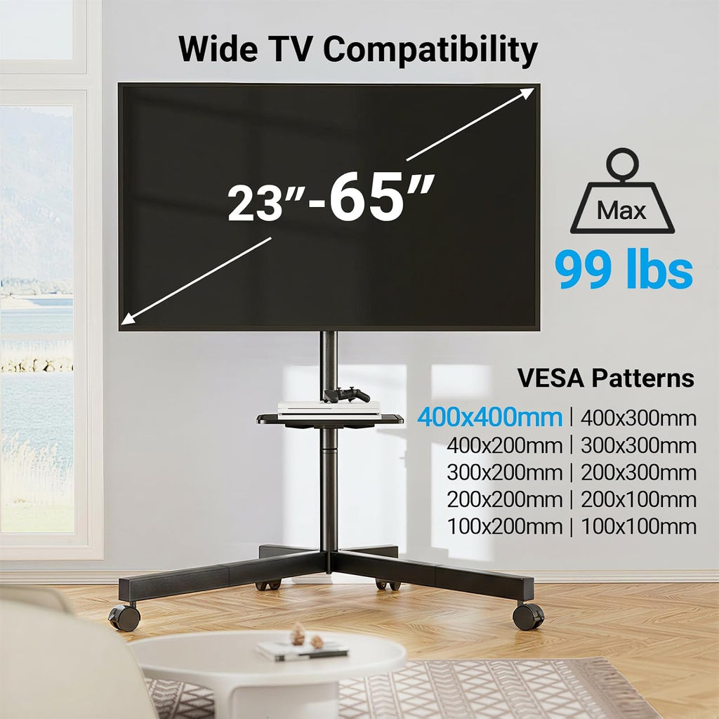 PERLESMITH Rolling TV Stand for 26-65 Inch TVs up to 88 lbs, Mobile Outdoor TV Stand with Shelf & Large Base, Tilt TV Stand with Wheels, Portable TV Cart for Bedroom, Max VESA 400x400mm, PSTVMC06B-B