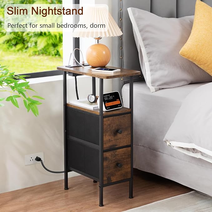 Narrow End Tables Living Room Set of 2 with Charging Station, Skinny Side Tab...