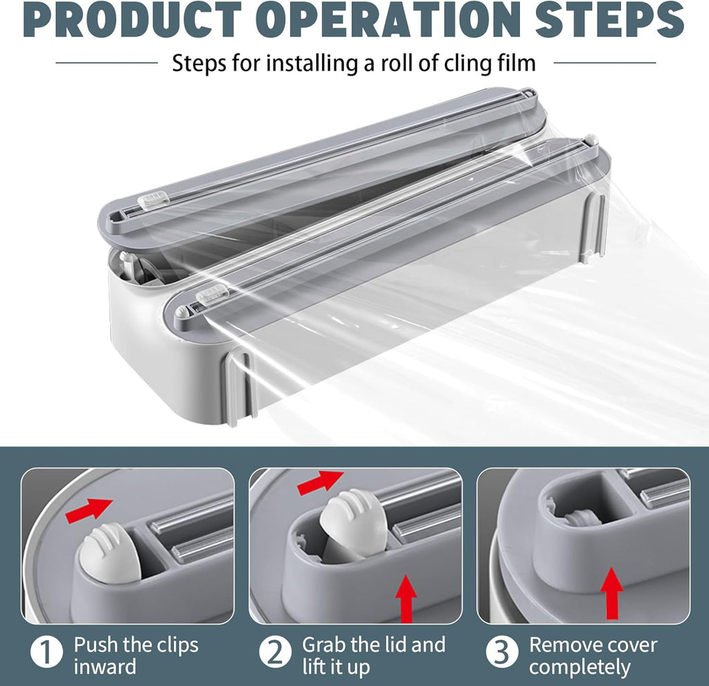 3 in 1 Plastic Wrap Dispenser with Cutter，Magnetic Aluminum Foil and Adhesive Film Organizer, Wall Mount Kitchen Wrap Organizer, Cling Wrap Dispenser with Paper Towel Holder and Cutter