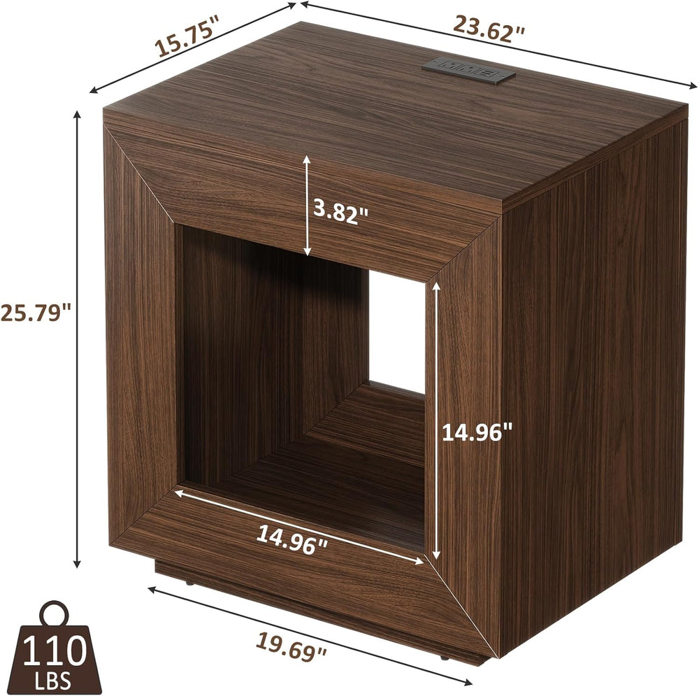 Rustic Wood End Table with Charging Station, 2 Tiered Side Table with Light S...