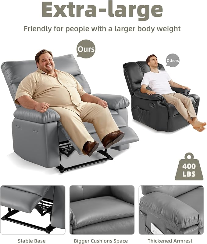GarveeHome Oversized Leather Recliner Chair, Extra Wide Manual Recliner for Adults, Lazy Chair with 1.5X Sponge Comfort Arm and Back for Living Room, Bedroom, Nursing Room