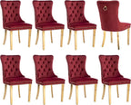 Luxury Upholstered Dining Chairs Set of 8, Red Kitchen Chair with Golden Metal Legs, Velvet Tufted Back Dining Chair, Sillas de Comedor, Modern Kitchen & Dining Room Chairs (Burgundy, 8 Pcs)
